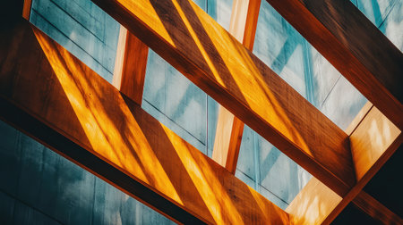 This captivating image showcases the intricate interplay of light and shadow on wooden beams against a blue sky, emphasizing architectural beauty and design.の素材