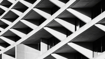 This image captures an abstract architectural design showcasing geometric patterns in black and white, emphasizing light and shadow dynamics.の素材