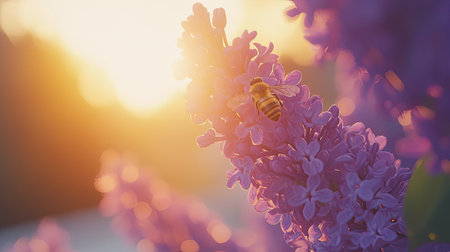 A honeybee gathers pollen from blooming lilac flowers as the sun sets, casting a warm golden light that enhances the beauty of nature in springtime.の素材