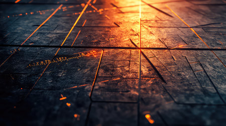 This image features an abstract textured surface with intricate patterns illuminated by warm and cool light, creating a striking visual depth and modern aesthetic.の素材