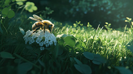 A captivating close-up image of a bee diligently pollinating a delicate white flower amidst lush green grass, illuminated by gentle morning light.の素材