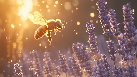 A stunning close-up of a bee hovering over blooming lavender flowers, capturing the essence of nature's beauty during golden hour. The warm sunlight creates a dreamy atmosphere, emphasizing the importance of pollinators in our ecosystem.の素材