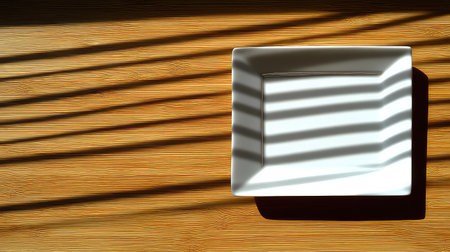 A striking image featuring a minimalist square plate resting on a wooden table, casting dramatic shadows from natural light, emphasizing simplicity and elegance.の素材