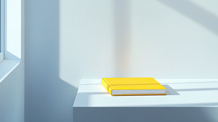 A vibrant yellow book rests on a minimalist white table, illuminated by soft sunlight, creating a serene and modern interior atmosphere perfect for inspiration.の素材