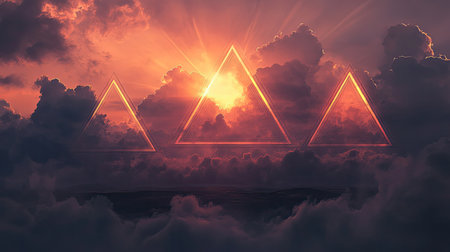 A stunning image showcasing three triangular shapes illuminated against a backdrop of a colorful sunset, surrounded by captivating clouds and light effects.の素材