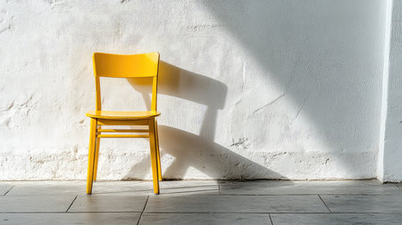 A striking yellow chair stands alone against a textured white wall, creating an engaging visual. The interplay of light and shadow enhances the minimalist design and adds an inviting touch to any interior space.の素材