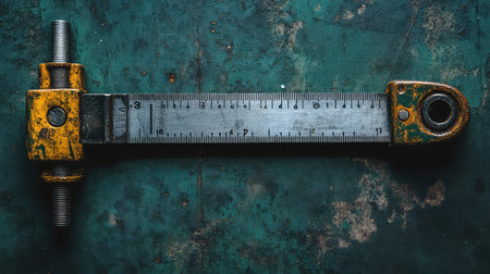 This image features a vintage metal measuring tool resting on a textured green surface, showcasing rust stains and patina details, conveying a sense of industrial history.の素材