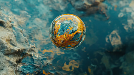 A mesmerizing floating orb displays vibrant colors and reflections, hovering above a unique, textured surface. This dreamlike scene invites wonder and imagination.の素材