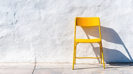 A bright yellow chair stands against a white wall, casting a gentle shadow on the ground. The minimalist setting emphasizes simplicity and elegance.の素材