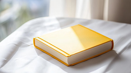 A bright yellow book rests on a white tablecloth, with soft natural light creating gentle shadows, perfect for cozy reading and inspiration.の素材