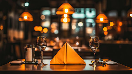 An elegant table setting awaits patrons in a modern restaurant, accented by soft lighting and stylish decor, creating a warm and inviting atmosphere.の素材