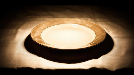 A beautifully arranged empty plate sits gracefully on a linen tablecloth, illuminated by soft lighting that creates an inviting and elegant atmosphere.の素材