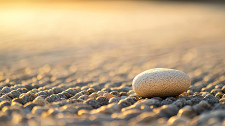 A solitary pebble rests on a smooth surface, bathed in warm sunlight during sunset. This serene, minimalistic composition evokes tranquility and calmness.の素材