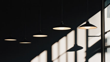 This image features trendy lighting fixtures in a minimalist interior setting, casting dramatic shadows on a wall, creating a serene and stylish atmosphere.の素材