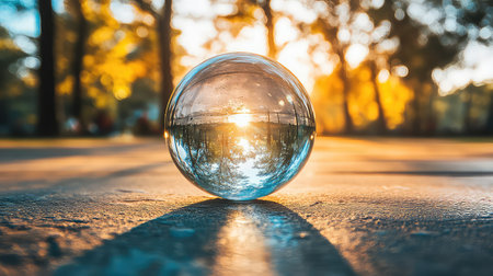 A mesmerizing glass sphere captures a stunning sunset, reflecting warm hues and tall trees in a serene forest. An artistic view of nature's beauty.の素材