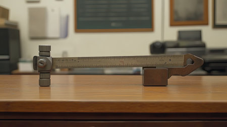 A close-up view of a metal gauge used for precise measurements, resting on a wooden desk in an office, showcasing intricate details and craftsmanship.の素材