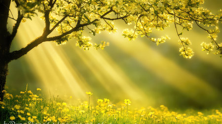 A serene spring meadow bathed in gentle sunlight showcases blooming flowers and soft grass, creating a peaceful natural landscape perfect for relaxation.の素材