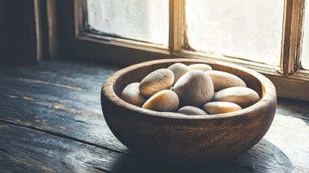 A serene composition featuring smooth river stones arranged in a wooden bowl by a sunlit window. The rustic wooden table enhances the peaceful atmosphere.の素材