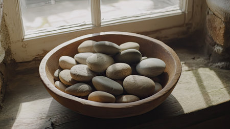 A serene arrangement of smooth pebbles in a handcrafted wooden bowl sits on a rustic windowsill, bathed in soft natural light, creating a calming atmosphere.の素材