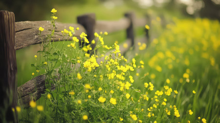 A scenic view featuring vibrant yellow wildflowers growing beside a rustic wooden fence, set against a lush green backdrop, captures the beauty of nature.の素材