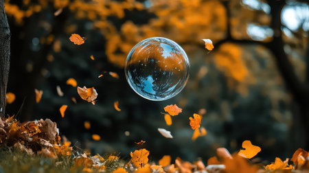 This enchanting image captures a delicate bubble floating amidst vibrant autumn leaves, reflecting the surrounding tranquility and beauty of nature.の素材