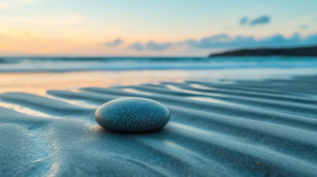 A tranquil beach scene featuring a smooth pebble resting on wet sand as the sun sets over the horizon, casting warm colors in the sky and gentle waves lapping at the shore.の素材