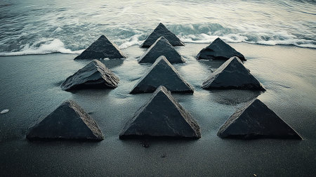 A striking composition showcases pyramid-shaped rocks arranged on a tranquil beach, gently washed by clear waves, evoking a sense of serenity and minimalism.の素材