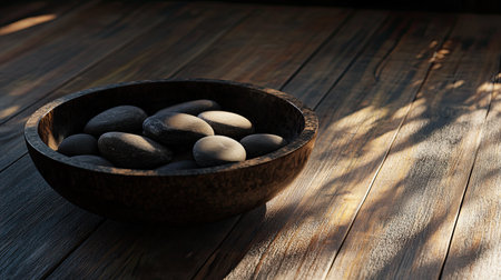 A serene composition showcasing a rustic wooden bowl filled with smooth stones resting on a wooden table, illuminated by soft, gentle light and shadows.の素材