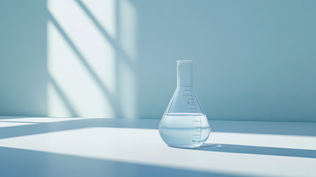 This image features a clear glass laboratory flask sitting on a white table with water inside. The minimalist background and natural light create a serene and modern atmosphere, perfect for scientific themes.の素材