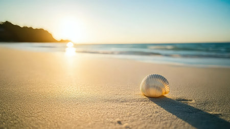 A close-up shot of a delicate seashell resting on golden sand, illuminated by a stunning sunset over a peaceful ocean, creating a serene beach atmosphere.の素材