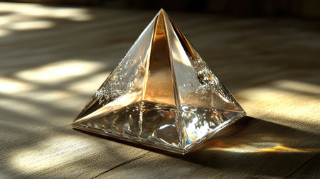 A stunning crystal pyramid sculpture sits elegantly on a wooden surface, capturing light beautifully and creating a serene ambiance.の素材