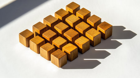 A captivating arrangement of wooden cubes on a white surface showcases their rich texture and creates intriguing shadows in natural light.の素材