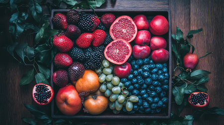 This stunning image captures a wooden tray brimming with a vibrant assortment of fresh fruits, surrounded by lush green leaves, perfect for healthy living.の素材
