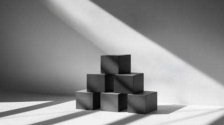 This image depicts a minimalist arrangement of black geometric blocks placed on a light gray background, creating striking contrasts and long shadows.の素材