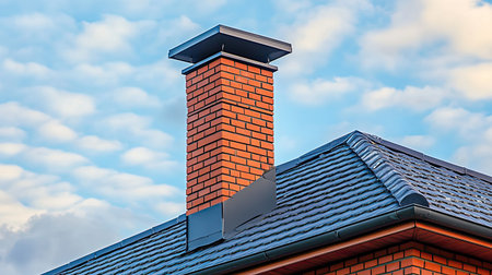 This image features a beautiful brick chimney atop a residential roof, highlighted by a vibrant blue sky and fluffy clouds, showcasing architectural details.の素材