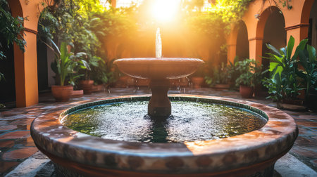 A beautiful courtyard fountain surrounded by lush greenery creates a serene atmosphere. The warm sunset light enhances the tranquil scene, perfect for relaxation.の素材