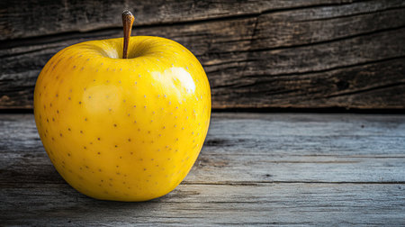 A vibrant golden apple sits on a rustic wooden background, emphasizing freshness and health. Perfect for themes related to nature, nutrition, and healthy eating.の素材