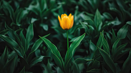 A stunning yellow tulip stands out amidst a sea of lush green leaves, capturing the essence of spring's beauty and the charm of nature's growth.の素材
