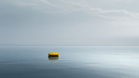 A striking image of a bright yellow floating object on smooth water, evoking feelings of tranquility and peace under a soft, cloudy sky.の素材