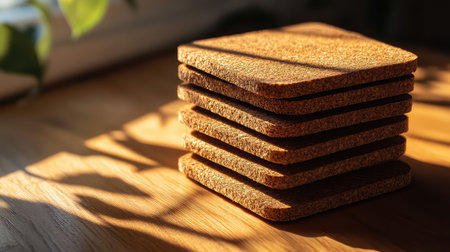 This image features a neatly stacked set of natural cork coasters resting on a wooden surface, illuminated by soft sunlight creating warm shadows.の素材