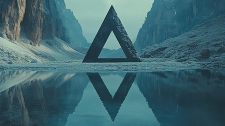Enigmatic triangular shape rises dramatically from calm water, nestled among towering mountains to create a stunning, peaceful nature scene.の素材