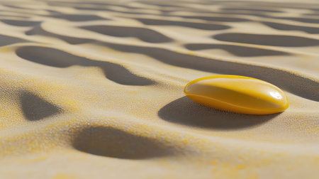 A striking yellow object lies on a textured sandy surface, bathed in soft sunlight. The scene captures the essence of minimalism, inviting contemplation and appreciation of nature's intricate patterns and warmth.の素材