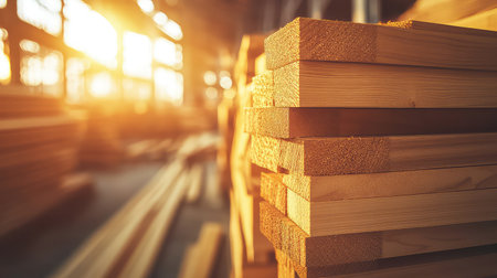 A visually striking composition showcasing stacked wooden planks inside a sunlit warehouse, creating a warm atmosphere perfect for carpentry and interior design.の素材