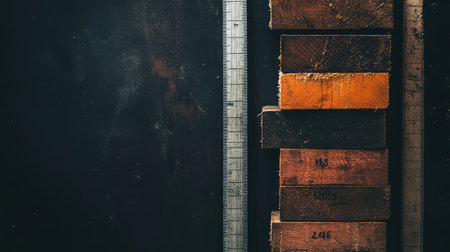 A visually striking arrangement of wooden blocks stacked vertically against a dark background. A ruler leans against the blocks, showcasing measurement tools for crafting and woodworking projects.の素材