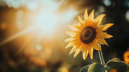 A stunning sunflower stands tall against a backdrop of warm golden light, capturing the essence of summer and vitality in nature.の素材
