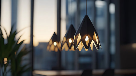 This stunning image showcases elegant modern pendant lights hanging in a contemporary interior, casting a warm glow during sunset, creating a serene atmosphere.の素材