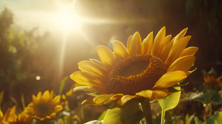 A stunning close-up of a sunflower in full bloom, basking in warm sunlight. The vibrant yellow petals are highlighted against a glowing backdrop, evoking warmth and tranquility.の素材