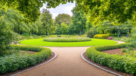 This image captures a serene garden pathway winding through lush greenery and vibrant flowers, inviting visitors to explore a peaceful park setting.の素材