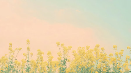 A serene landscape featuring a field of vibrant yellow blossoms against a soft pastel sky. Delicate clouds add a dreamy quality to this peaceful outdoor scene.の素材