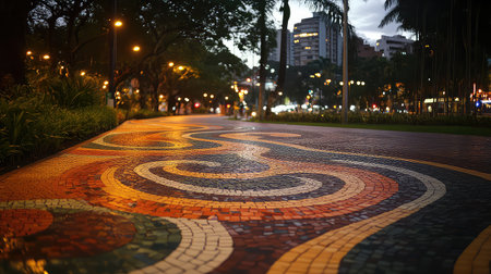 This image captures a beautifully designed mosaic pathway illuminated at night in an urban park. The vibrant colors and intricate patterns create an inviting atmosphere for evening strolls.の素材